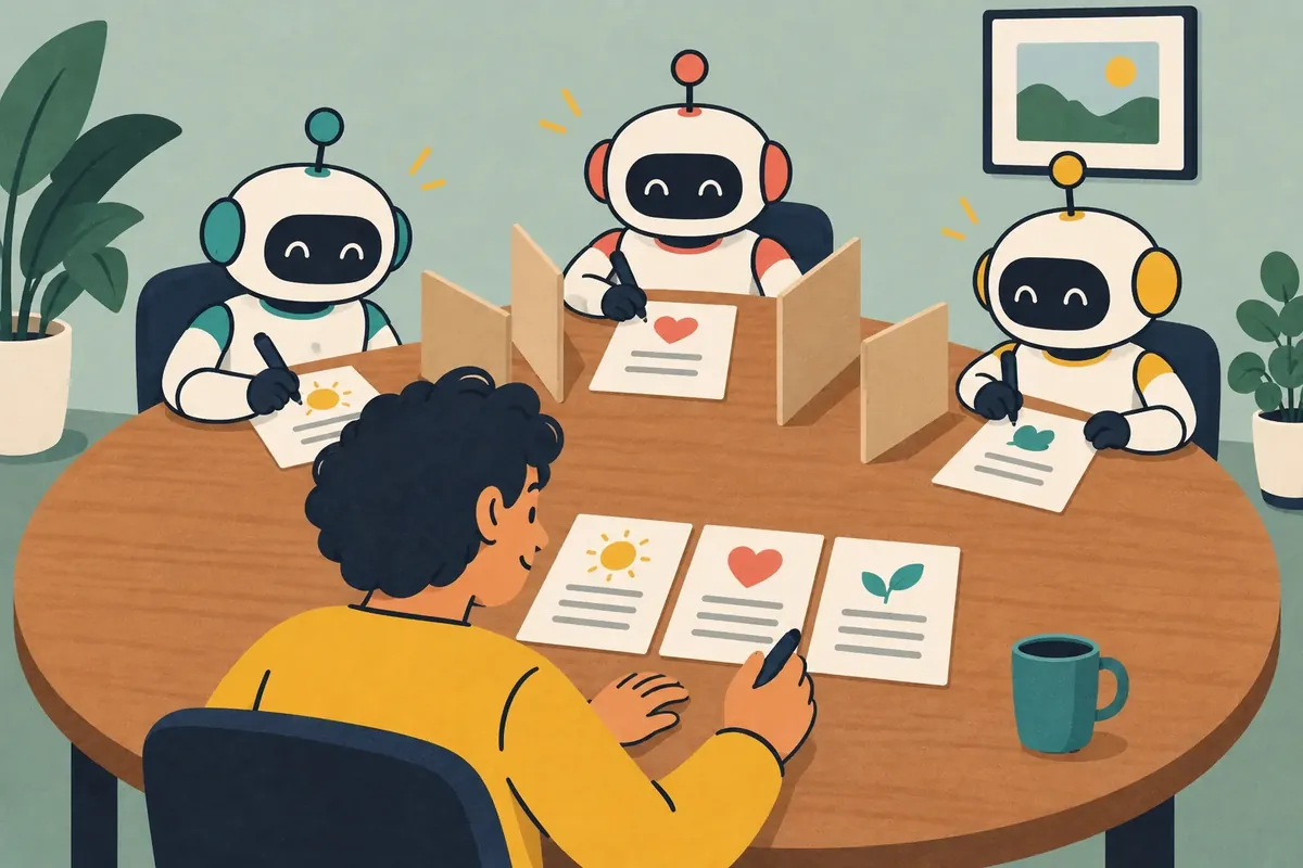 Getekende illustratie van iemand aan een ronde tafel met drie robots die voorstellen op papier beoordelen: een AI-raad.