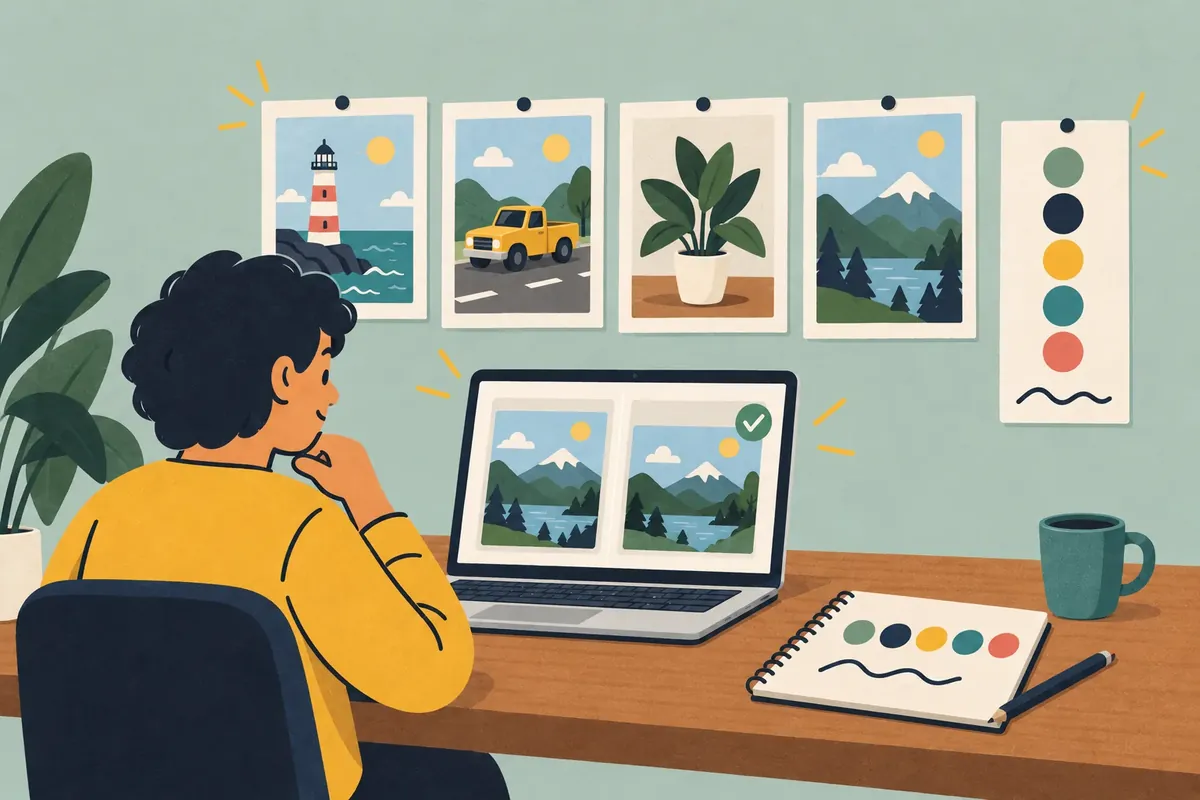 Getekende illustratie van iemand aan een bureau, met een rij beelden in één stijl en een kleurenpalet.