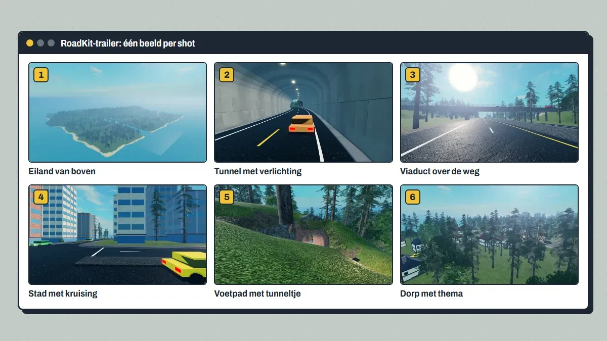 'RoadKit-trailer: één beeld per shot. Zes beelden uit Roblox Studio, van een eiland van boven tot een dorp met thema.'