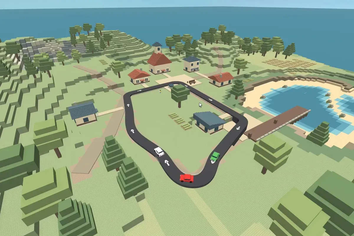 Een dorp in Roblox met een weg in een lus en een paar auto's.