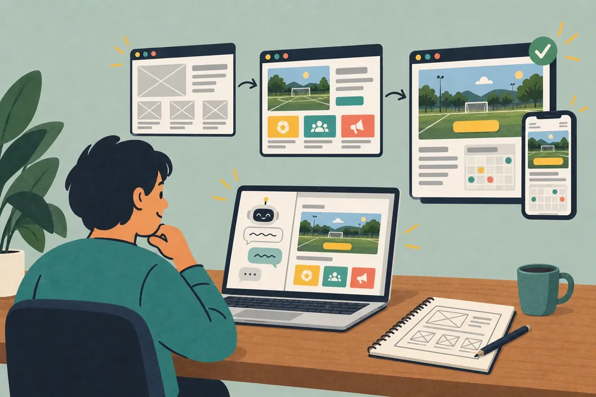 Getekende illustratie van iemand aan een bureau die een website bouwt, met schetsen, een laptop en een telefoon met een vinkje.