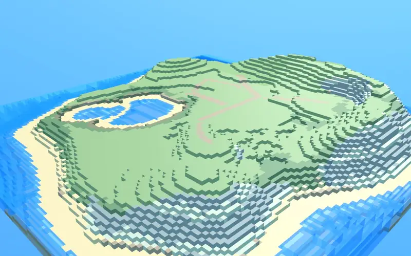 Rondvlucht over een eiland van noppenblokken met een meer, wegen en strand